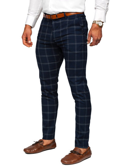 Men's Cotton Checkered Chinos Navy Blue Bolf 0036