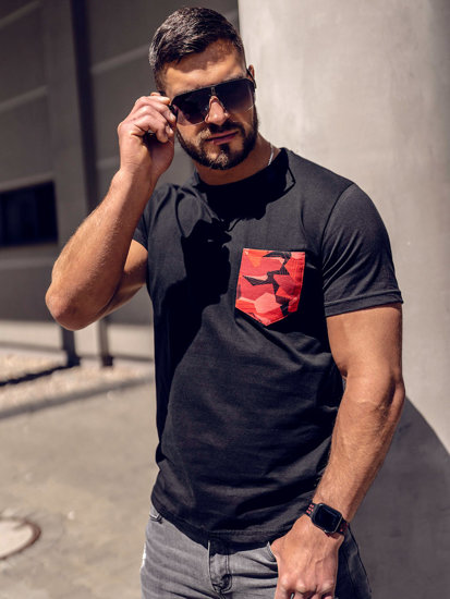 Men's Cotton Printed Military T-shirt with pocket Black-Red Bolf 14507A