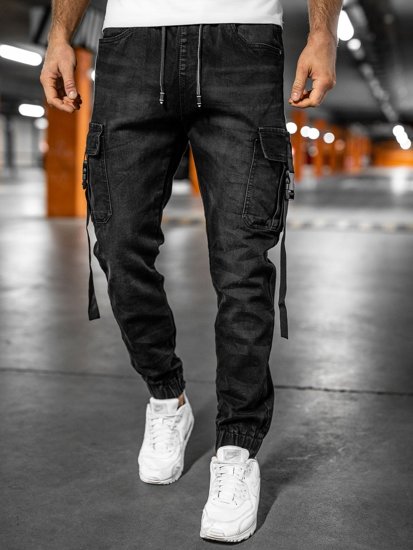 Men's Denim Cargo Joggers Black Bolf 8871