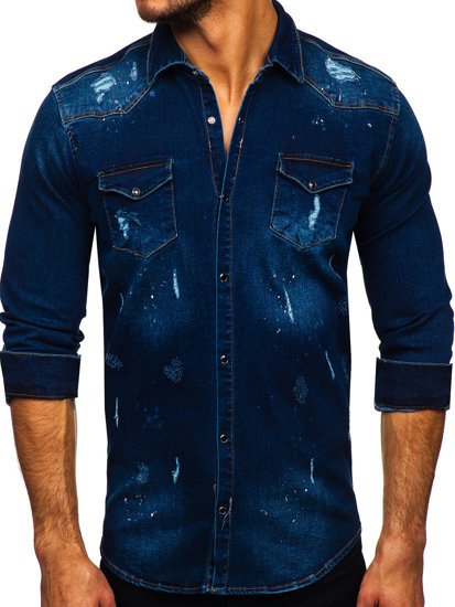 Men's Denim Long Sleeve Shirt Navy Blue Bolf R801