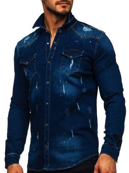 Men's Denim Long Sleeve Shirt Navy Blue Bolf R801