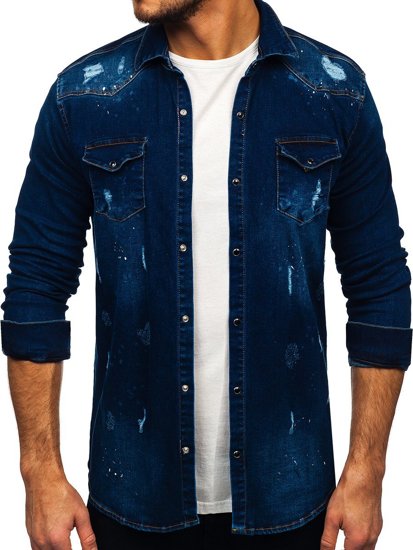 Men's Denim Long Sleeve Shirt Navy Blue Bolf R801