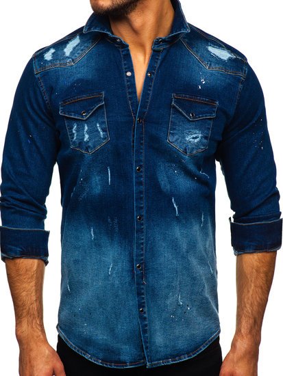 Men's Denim Long Sleeve Shirt Navy Blue Bolf R802