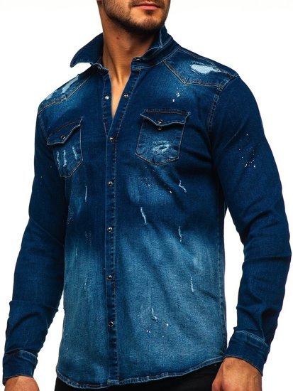 Men's Denim Long Sleeve Shirt Navy Blue Bolf R802