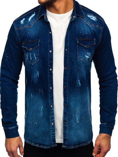 Men's Denim Long Sleeve Shirt Navy Blue Bolf R802