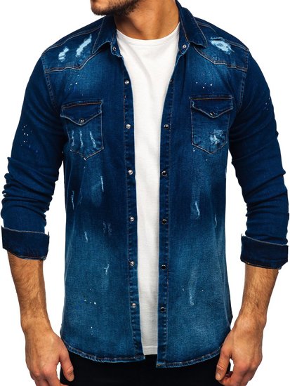 Men's Denim Long Sleeve Shirt Navy Blue Bolf R802