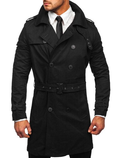 Men's Double-breasted Trench Coat with High Collar and Belt Black Bolf 5569