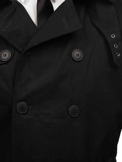 Men's Double-breasted Trench Coat with High Collar and Belt Black Bolf 5569