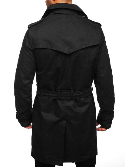 Men's Double-breasted Trench Coat with High Collar and Belt Black Bolf 5569