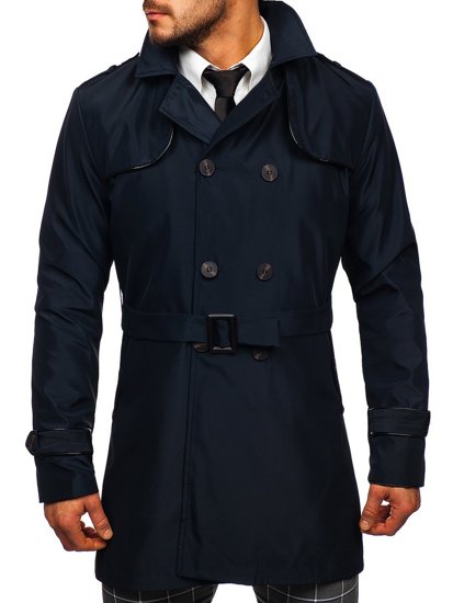 Men's Double-breasted Trench Coat with High Collar and Belt Navy Blue Bolf 0001