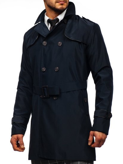 Men's Double-breasted Trench Coat with High Collar and Belt Navy Blue Bolf 0001