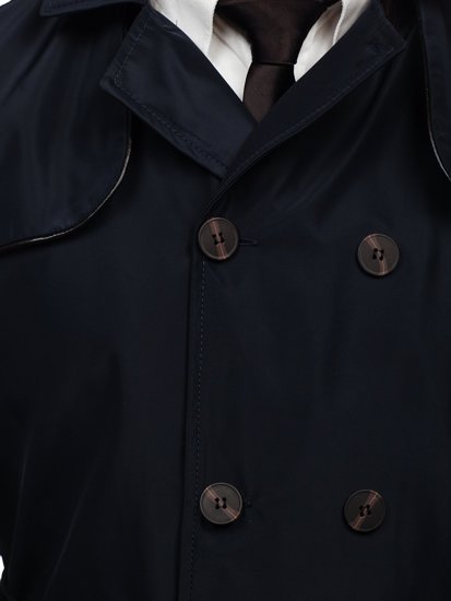 Men's Double-breasted Trench Coat with High Collar and Belt Navy Blue Bolf 0001