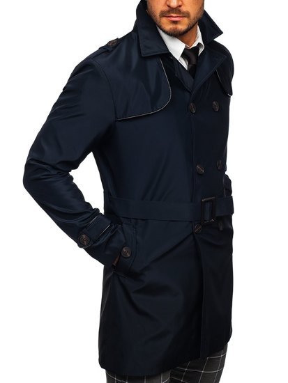 Men's Double-breasted Trench Coat with High Collar and Belt Navy Blue Bolf 0001