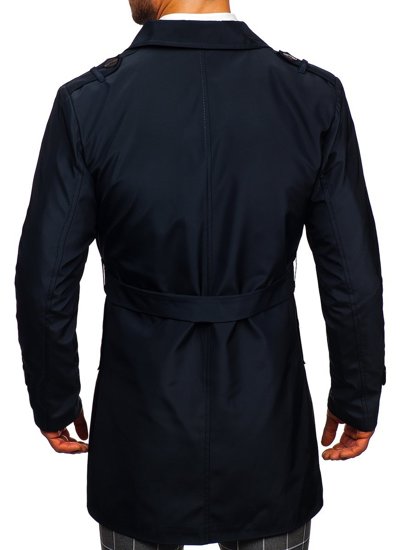 Men's Double-breasted Trench Coat with High Collar and Belt Navy Blue Bolf 0001