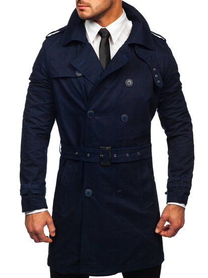 Men's Double-breasted Trench Coat with High Collar and Belt Navy Blue Bolf 5569