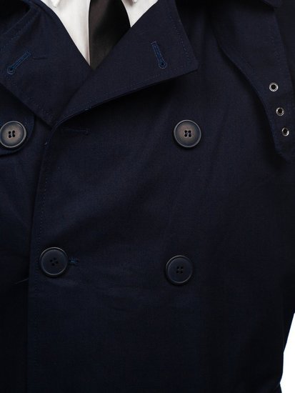 Men's Double-breasted Trench Coat with High Collar and Belt Navy Blue Bolf 5569