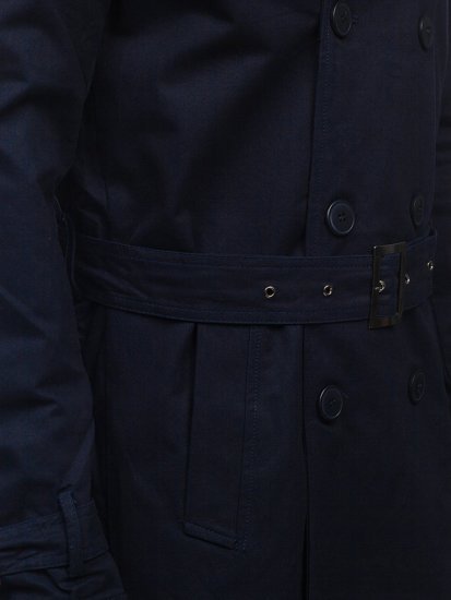 Men's Double-breasted Trench Coat with High Collar and Belt Navy Blue Bolf 5569