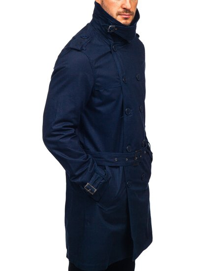 Men's Double-breasted Trench Coat with High Collar and Belt Navy Blue Bolf 5569