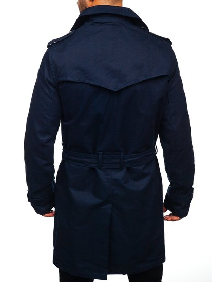 Men's Double-breasted Trench Coat with High Collar and Belt Navy Blue Bolf 5569