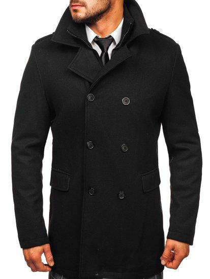 Men's Double-breasted Winter Coat with Detachable Stand Up Collar Black Bolf 8805