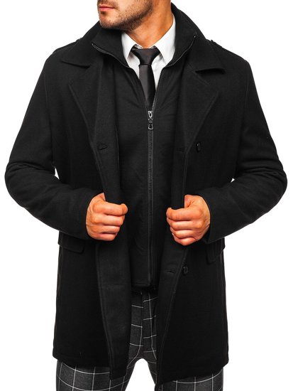 Men's Double-breasted Winter Coat with Detachable Stand Up Collar Black Bolf 8805