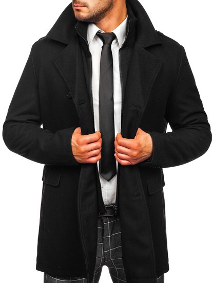 Men's Double-breasted Winter Coat with Detachable Stand Up Collar Black Bolf 8805