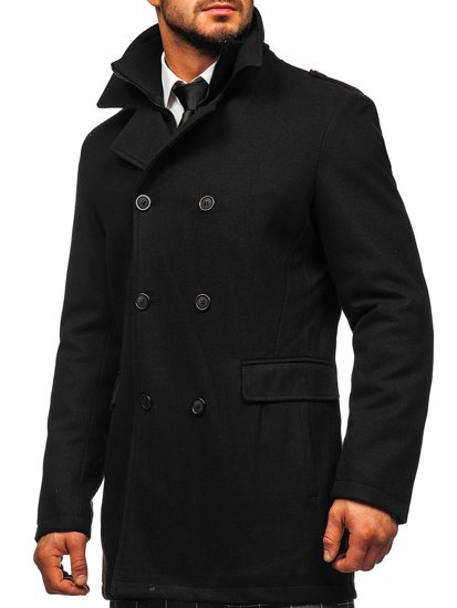 Men's Double-breasted Winter Coat with Detachable Stand Up Collar Black Bolf 8805