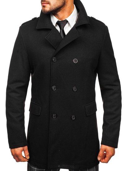 Men's Double-breasted Winter Coat with Detachable Stand Up Collar Black Bolf 8805