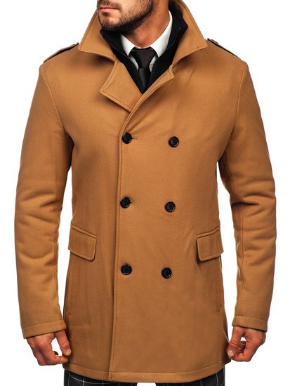 Men's Double-breasted Winter Coat with Detachable Stand Up Collar Camel Bolf 8805