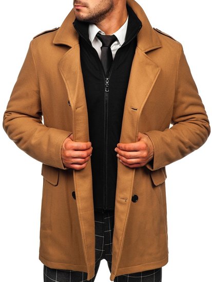 Men's Double-breasted Winter Coat with Detachable Stand Up Collar Camel Bolf 8805