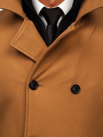 Men's Double-breasted Winter Coat with Detachable Stand Up Collar Camel Bolf 8805