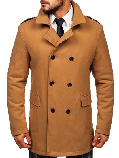 Men's Double-breasted Winter Coat with Detachable Stand Up Collar Camel Bolf 8805