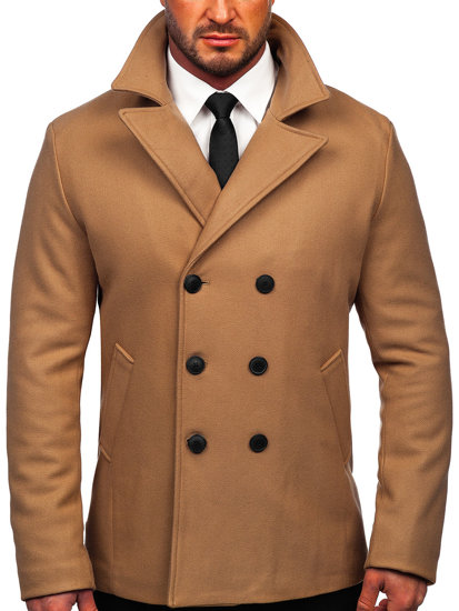 Men's Double-breasted Winter Coat with High Collar Camel Bolf 8801