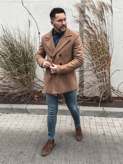 Men's Double-breasted Winter Coat with High Collar Camel Bolf 8801