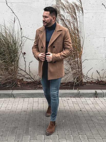 Men's Double-breasted Winter Coat with High Collar Camel Bolf 8801