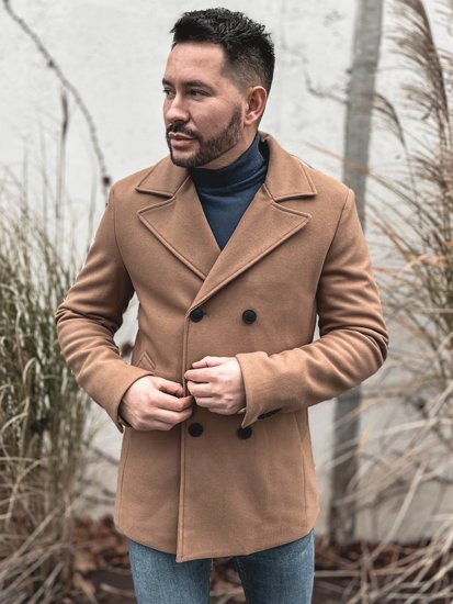 Men's Double-breasted Winter Coat with High Collar Camel Bolf 8801