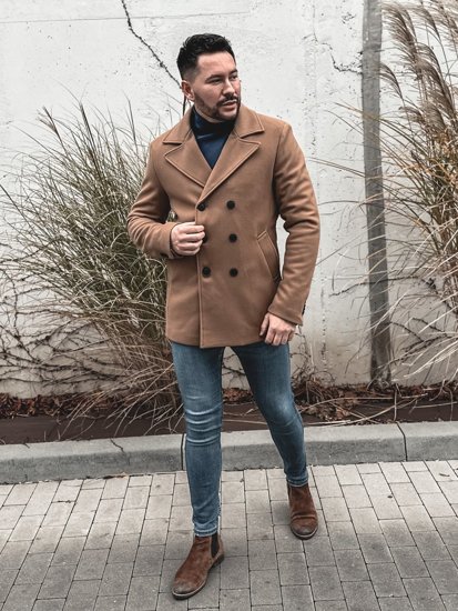 Men's Double-breasted Winter Coat with High Collar Camel Bolf 8801