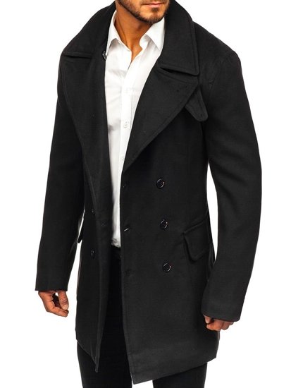 Men's Double-breasted Winter Coat with a High Collar Black Bolf 1048