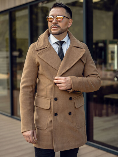 Men’s Double-breasted Winter Coat with high collar Camel Bolf 1048A2