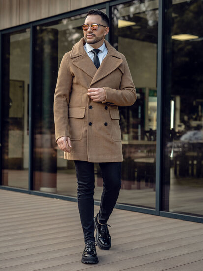 Men’s Double-breasted Winter Coat with high collar Camel Bolf 1048A2