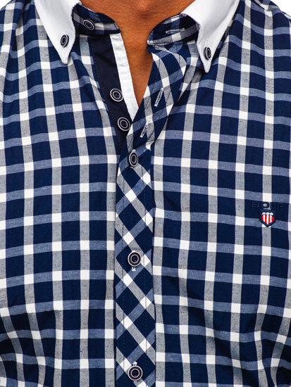 Men's Elegant Checked Short Sleeve Shirt Bolf Navy Blue 5531