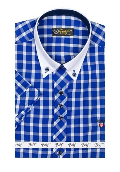 Men's Elegant Checked Short Sleeve Shirt Royal Blue Bolf 5531