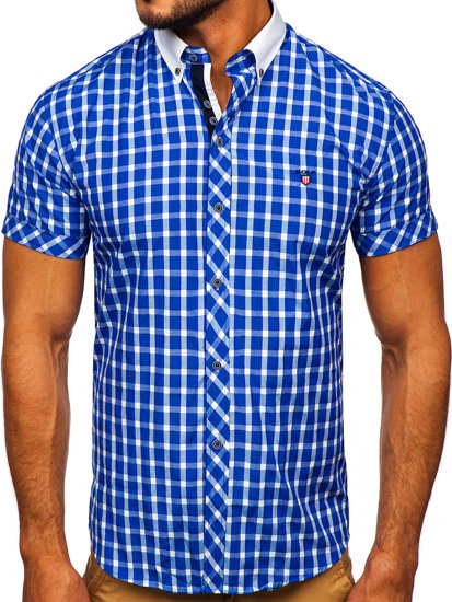 Men's Elegant Checked Short Sleeve Shirt Royal Blue Bolf 5531