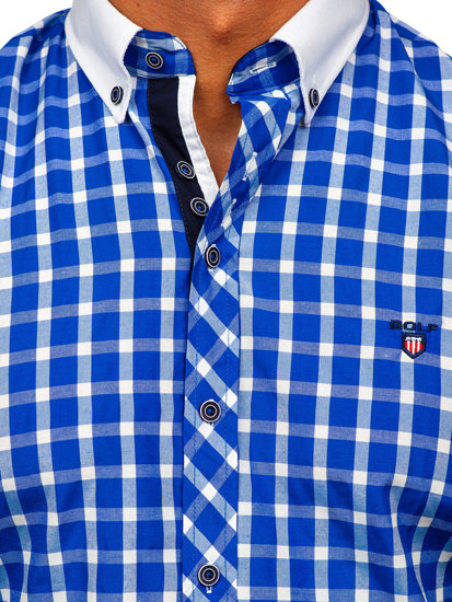 Men's Elegant Checked Short Sleeve Shirt Royal Blue Bolf 5531