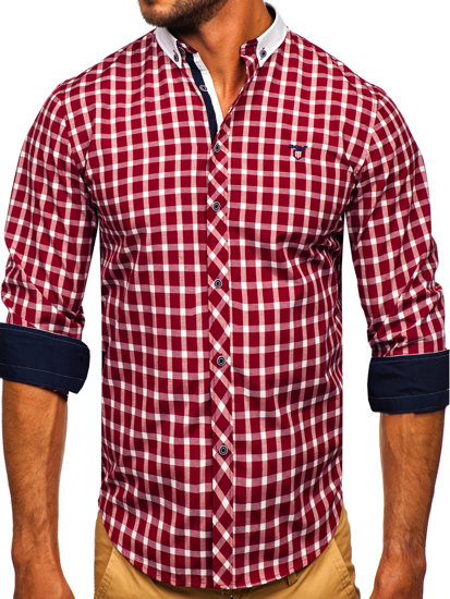 Men's Elegant Checkered Long Sleeve Shirt Claret Bolf 5737-1