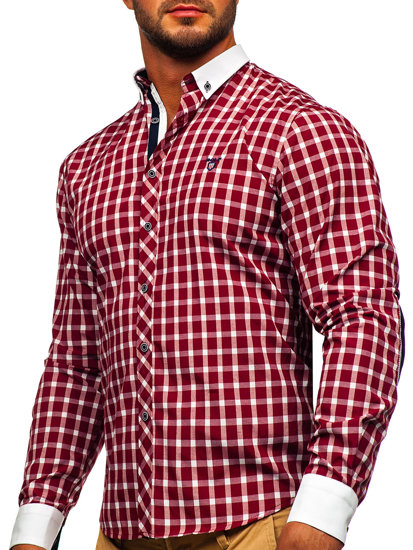 Men's Elegant Checkered Long Sleeve Shirt Claret Bolf 5737-1