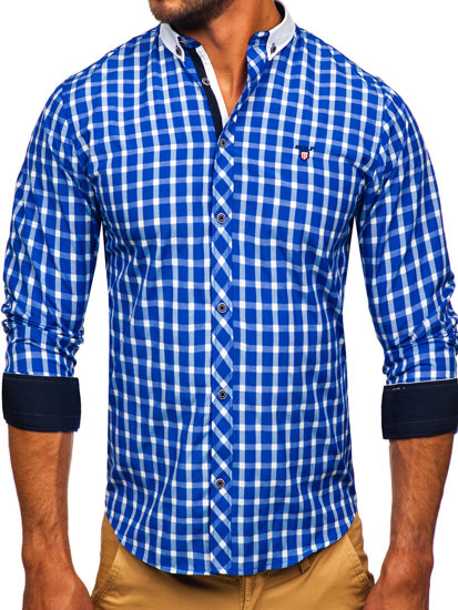 Men's Elegant Checkered Long Sleeve Shirt Cobalt Bolf 5737-1