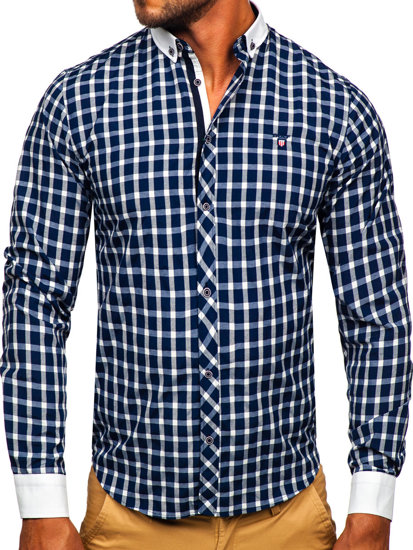 Men's Elegant Checkered Long Sleeve Shirt Navy Blue Bolf 5737-1