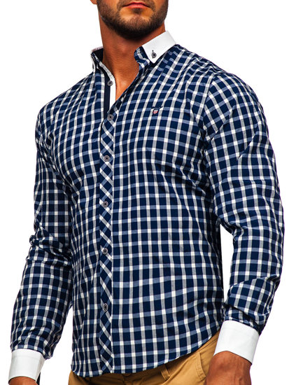 Men's Elegant Checkered Long Sleeve Shirt Navy Blue Bolf 5737-1