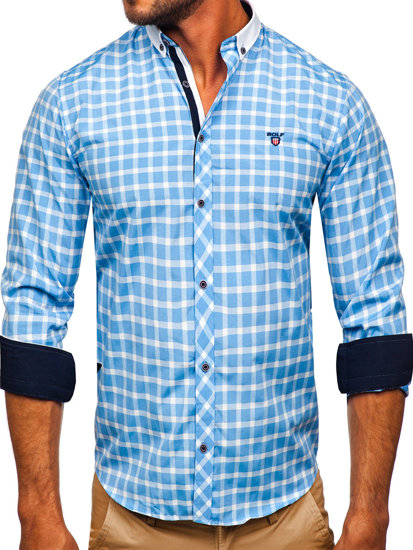 Men's Elegant Checkered Long Sleeve Shirt Sky Blue Bolf 5737-1